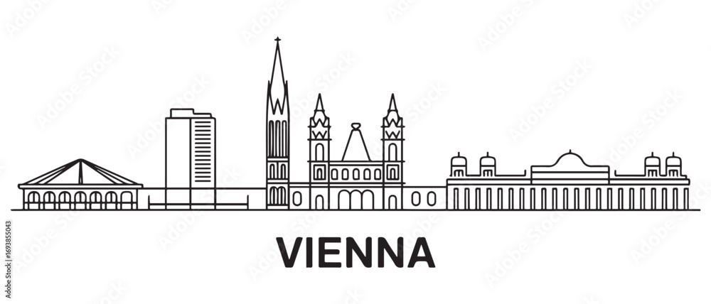 Obraz premium Vienna Line Art skyline horizontal banner. Vienna, Austria. Vector template for your design. with white background
