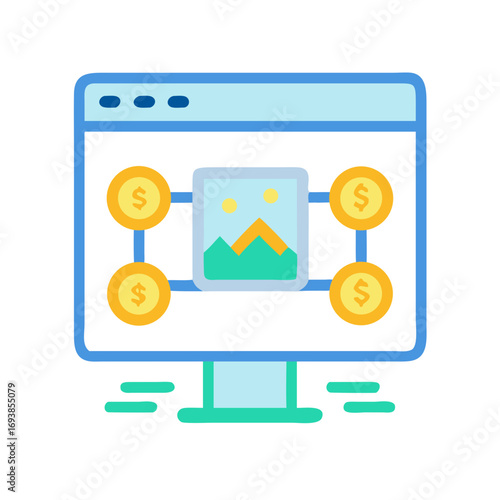 Online Monetization Platform: A computer monitor connected to coins and a landscape image