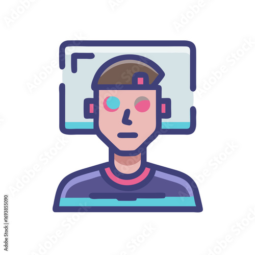 Cartoon man icon with futuristic features and tech inspired design elements against black backdrop