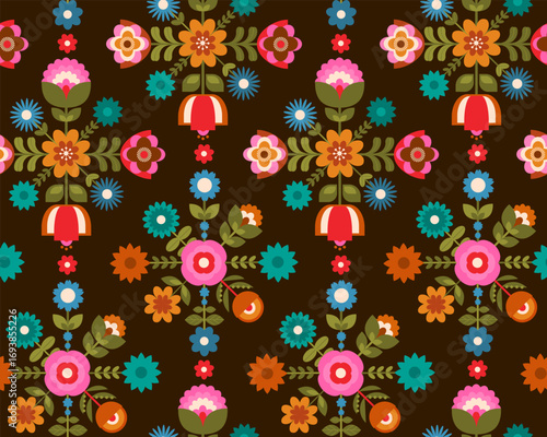 bright cute colorful nordic geometric flowers blooms foliage in pink orange yellow green aqua on dark brown background seamless pattern, vector illustratin repeat design print