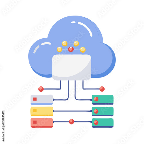 Colorful flat illustration showcasing cloud computing network connected to servers on black background