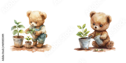 teddy bear gardening watercolor vector illustration