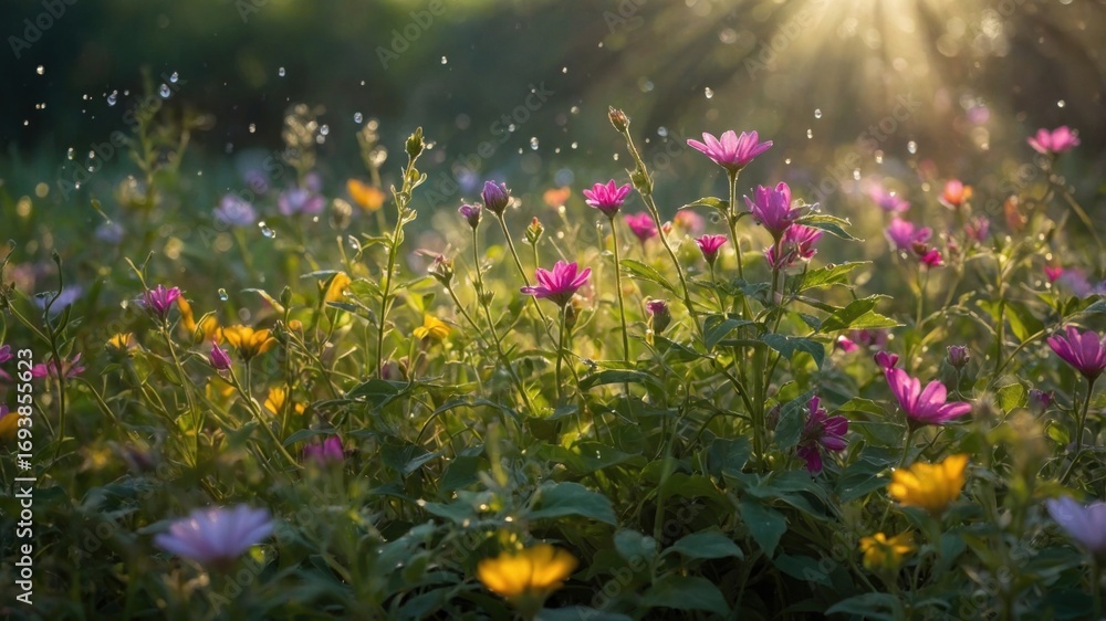 Fototapeta premium Vibrant wildflower meadow illuminated by soft sunlight, showcasing diverse blooms and natural beauty