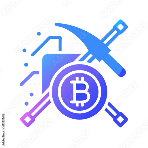 Stylized Bitcoin Mining Icon with Pickaxe and Circuit Board on Black Background