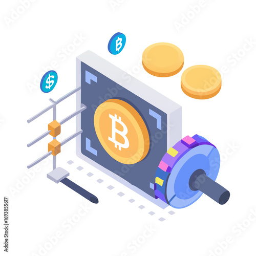 Isometric illustration of Bitcoin crypto currency and blockchain technology on a black background