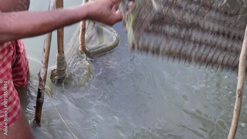 A person using a traditional bamboo fishing trap to catch fish in a body of water.