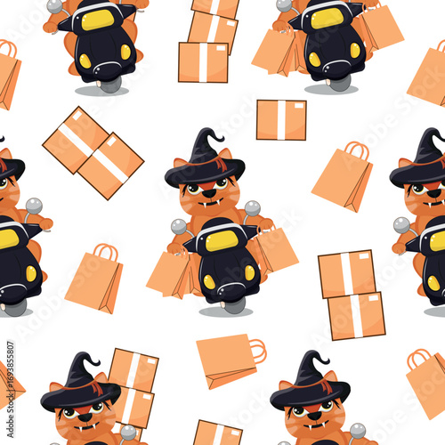 pattern with a set of Halloween characters of couriers who deliver goods in boxes and packages on a moped in the image of a witch. For festive Halloween designs