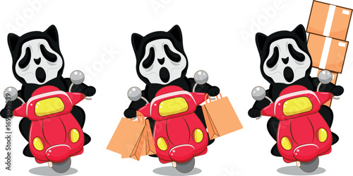 Set of Halloween courier characters who deliver goods in boxes and packages on a moped in a scream mask. For festive Halloween designs