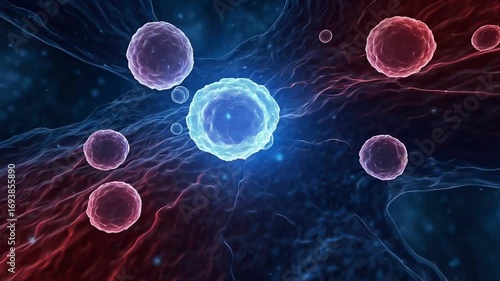 Scientific Animation of a Glowing Blue Cell Traveling Through a Blood Vessel with Red Cells