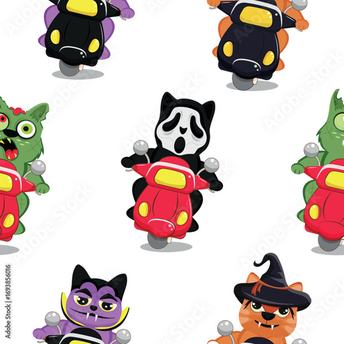 pattern with a set of Halloween characters of couriers who deliver goods on a moped. Cats in Halloween images of Frankenstein, witch, zombie, Dracula and in a scream mask. For festive Halloween design