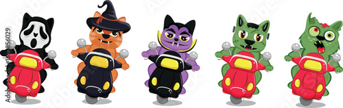 Set of Halloween characters of couriers who deliver goods on a moped. Cats in Halloween images of Frankenstein, witch, zombie, Dracula and in a scream mask. For festive Halloween designs