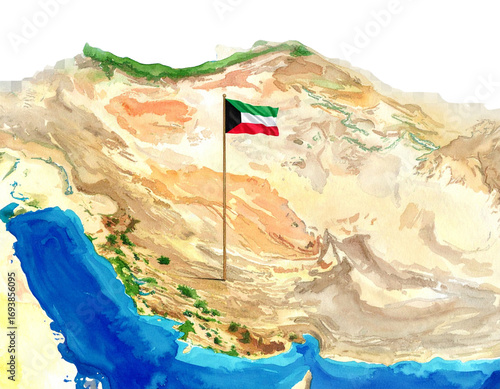 Highly Detailed Kuwait Map Watercolor Style with National Flag PNG. 