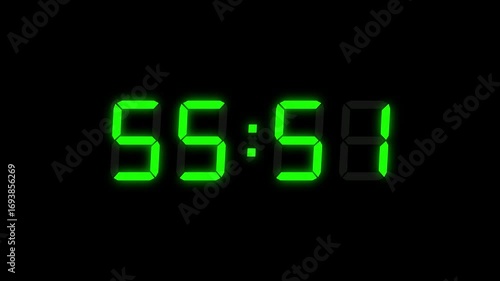 Green Digital Countdown Timer Starting at 60:00 (1 minute) on Black Background, Featuring High-Visibility LED Display. 4K Motion Graphics