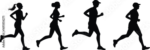 Running man and woman silhouettes vector set illustration. Male and female runners figure shapes. 