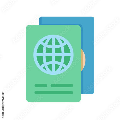 Stylized flat illustration of green and blue passports for international travel