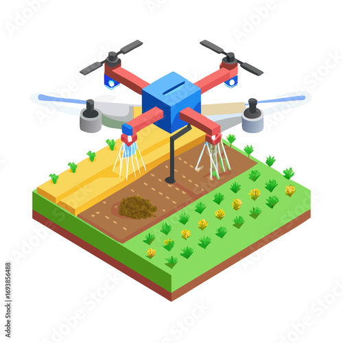 Agricultural Drone Spraying Crops in Isometric View, Precision Farming Technology Illustration