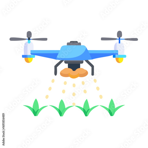 Agricultural drone spraying fertilizer on crops in flat vector illustration on black background