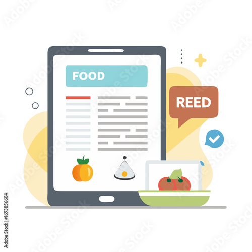 Flat Design Illustration of Food App on Tablet Device for Recipe Management