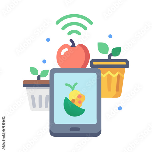 Smart agriculture and farming technology, controlled and monitored using phone application, flat vector illustration