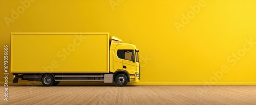 The Yellow Delivery Truck Parked in a Minimalist Studio with Wooden Floor