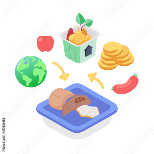 Isometric Illustration of Food Waste Recycling Process, Sustainable Practices, and Environmental Awareness