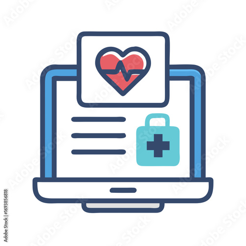 Online healthcare consultation and telemedicine service icon on laptop with medical symbols