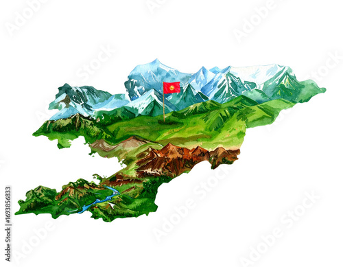 Highly Detailed Kyrgyzstan Map Watercolor Style with National Flag  PNG