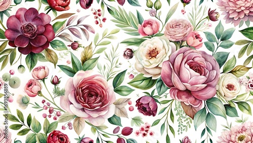 Wallpaper Mural Romantic floral pattern with pink and red roses, peonies, and greenery isolated on white background, creating a soft and charming aesthetic Torontodigital.ca