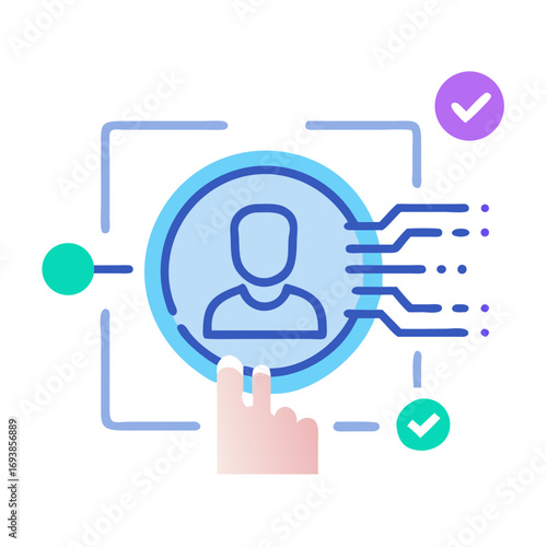 User profile verification process via secure interface, digital identity confirmation with a finger pressing button.