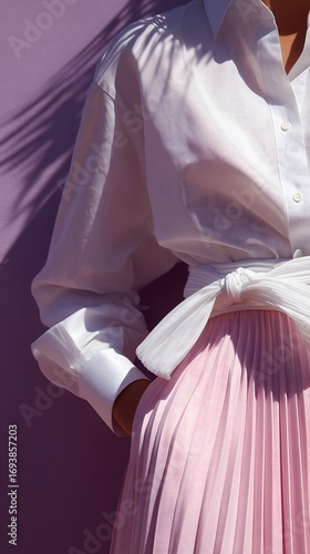 Woman in a pastel pink pleated skirt and white blouse with tie-up detail
