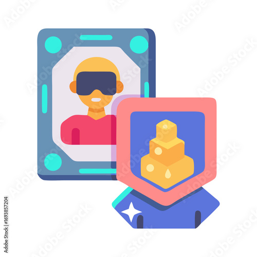 Flat illustration of VR metaverse avatar portrait and a digital asset award icon, minimal style