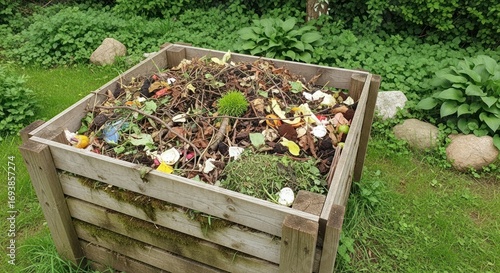 Wooden compost bin filled with organic kitchen and garden waste for recycling in a lush green backyard.
