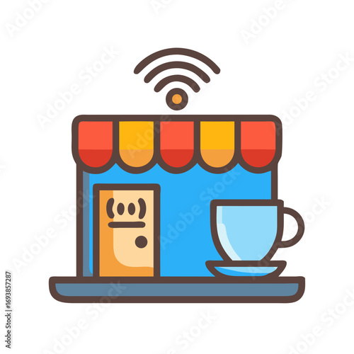 Stylized Coffee Shop Icon with Free Wi-Fi, Vector Illustration on Black Background