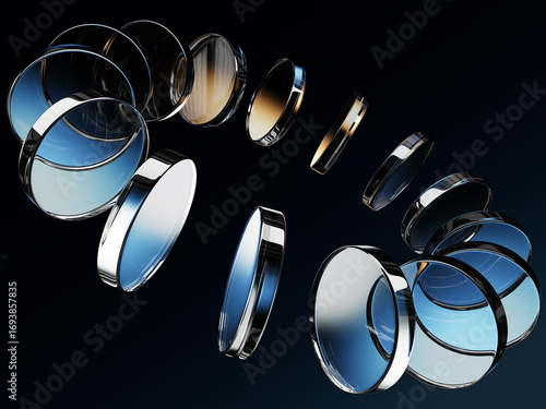 Fototapeta Naklejka Na Ścianę i Meble -  Neon glass round discs with brown blue gradient on dark 3d background. Circular motion effect of crystal glossy plates. Holographic iridescent transparent disks in ring shape render. 3D illustration