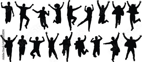 Jumping silhouettes, energetic pose, happy people, celebration, freedom, vitality, motion, excitement, expressive movement, dynamic action, joy, youth, fun, active lifestyle