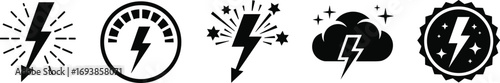 Lightning bolt icons, energy symbols, power emblem, electric charge, thunderstorm design, electricity badge, speed gauge, burst effect, cloud lightning, black silhouette