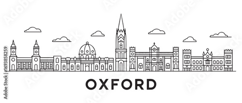 Oxford Line Art skyline horizontal banner. Oxford, UK. Vector template for your design. with white background