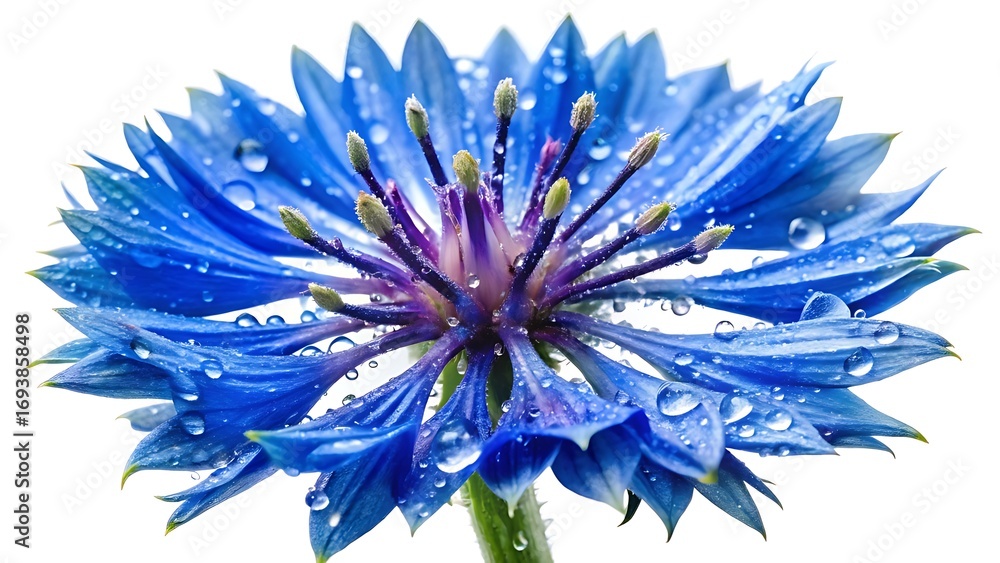 Obraz premium Closeup of a beautiful blue cornflower with water drops isolated on white background
