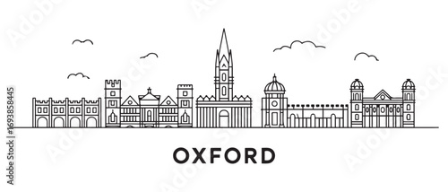 Oxford Line Art skyline horizontal banner. Oxford, UK. Vector template for your design. with white background