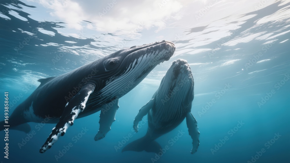 Fototapeta premium Two humpback whales swimming gracefully underwater.