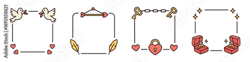 love and wedding frames , doves wings lock heart borders