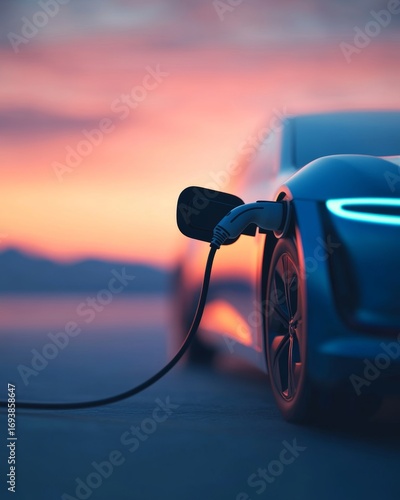 Electric car charging at sunset with vibrant sky background