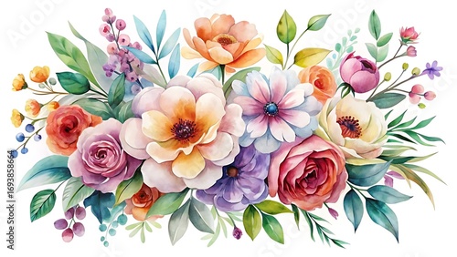 Watercolor floral arrangement of roses, peonies, and other flowers isolated on white background