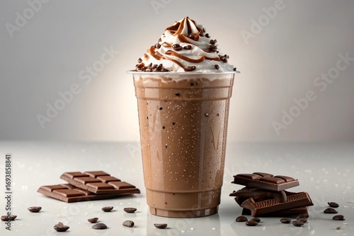 Delicious iced mocha frappuccino with whipped cream and chocolate garnish coffee drink