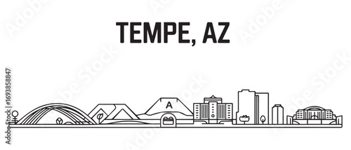 Tempe, AZ Line Art skyline horizontal banner. Black and white silhouette of Tempe, AZ city. Vector template for your design. with white background