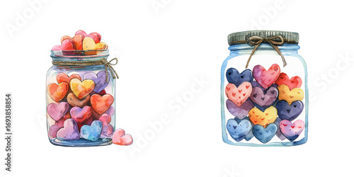 valentines hearts in jar watercolor vector illustration