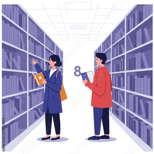 A friendly librarian assists a student in a vibrant library aisle, searching for a book among shelves filled with colorful tomes, presented in a clean 2D flat vector illustration.