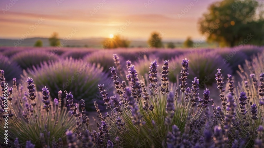 Obraz premium Serene lavender field at sunset, showcasing vibrant purple flowers and a tranquil landscape