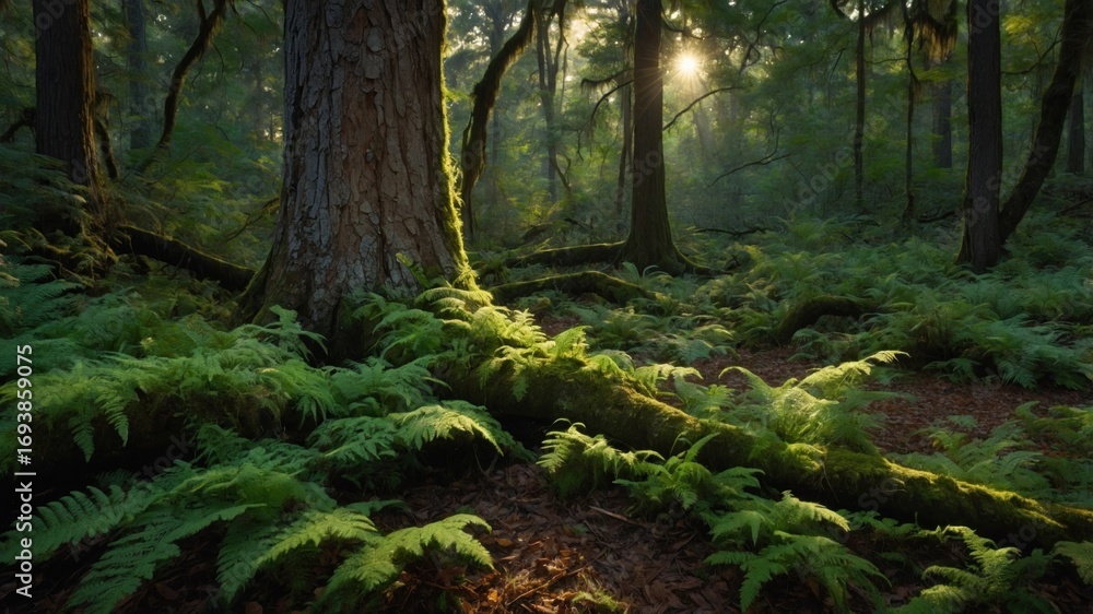 Obraz premium Sunlight filters through a dense forest, illuminating lush ferns and moss-covered trees in a tranquil setting