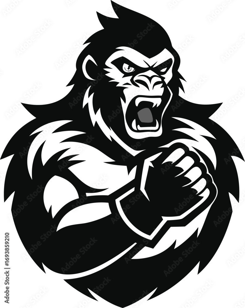 Fototapeta premium Black Silhouette of a gorilla beating its chest, bold logo style.